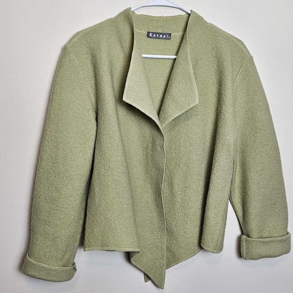 Katmai 100% Wool Green‎ Open Front Jacket Waterfall Collar Small